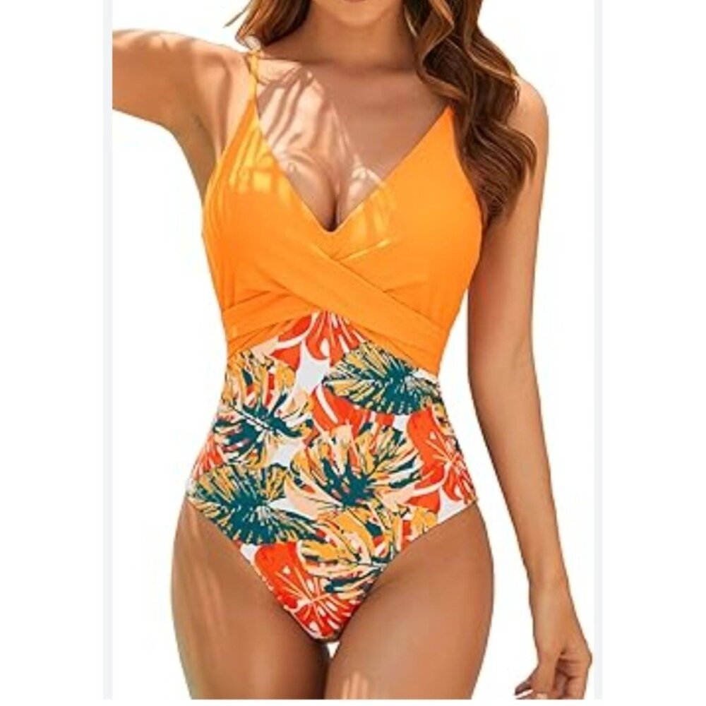 Binlowis Womens Tropical Orange & Floral One-Piece Swimsuit Size XL Sexy Beach